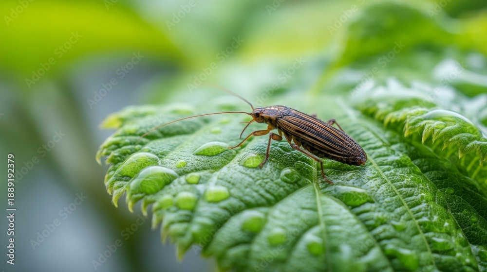 Obraz premium Close-Up View of a Brown Cockroach on a Green Leaf with Water Droplets in a Natural Environment Highlighting Insect Characteristics and Habitat