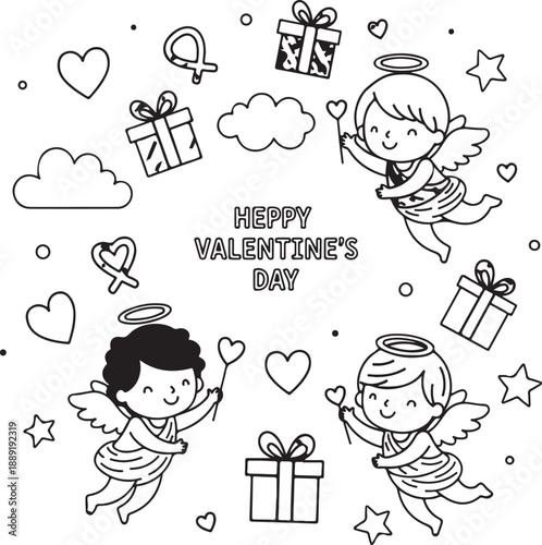 Cute cupids and valentine's day elements for coloring