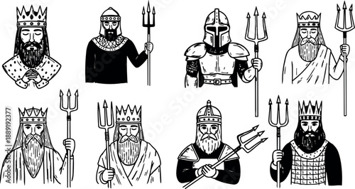 Black and white line art illustration of medieval kings with crowns and tridents in varied poses and armor styles