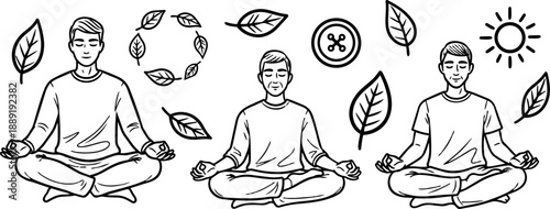 Black and white line art of three men meditating in lotus pose surrounded by floating leaves sun and nature symbols