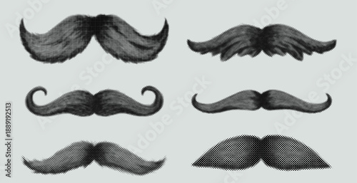Set of twisted curled men’s mustaches isolated on white. Retro halftone grunge dotted texture, vintage classic fashion cutout collage elements for mixed media, barber, hipster, design project.