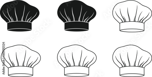 Chef hat silhouettes collection featuring classic toques for cooking, culinary uniforms, restaurant kitchens, bakery professionals, and food industry vector illustration