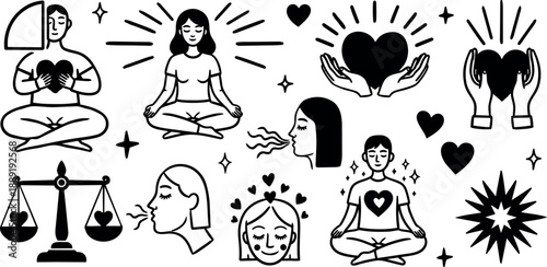 Black and white line art illustration of diverse meditation poses hearts scales and mindful female faces in calm peaceful composition