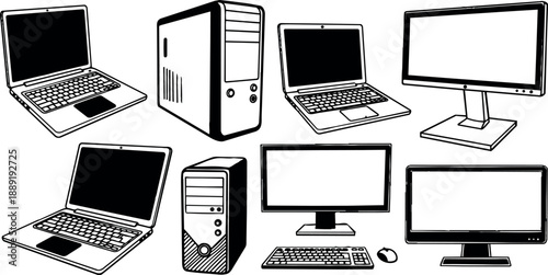 Black and white line art collection of laptop computers desktop monitors and computer towers from different angles