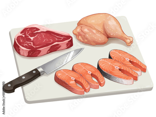 Raw meat and fish on cutting board with knife  steak salmon chicken  food preparation