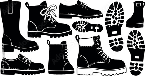 Black silhouette vector boots collection with different styles and sole patterns isolated on white background