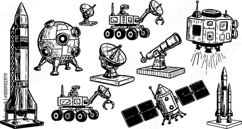 Detailed line art drawing of space exploration equipment including rocket, lunar module, rover, satellite, telescope with technical sketch style