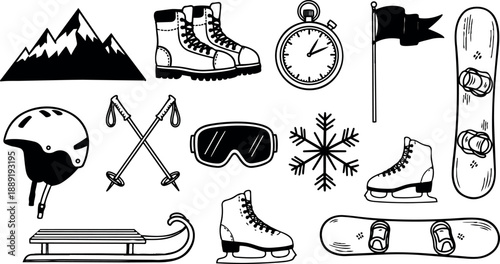Black and white vector illustration of winter sports gear including skis boots helmet goggles stopwatch and snowflakes