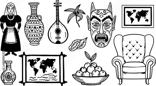 Black and white line art collection of traditional icons including vase, musical instrument, mask, armchair, maps and decorative elements