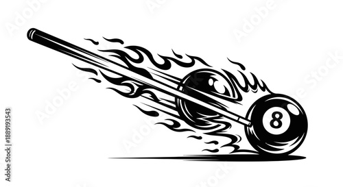 Dynamic Fiery Eight-Ball Billiard Ball with Cue Stick in Motion, Black and White Vector on Isolated White Background.
