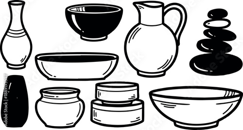 Black and white line art illustration of various cosmetic containers including jars bowls pitchers and stacked stones