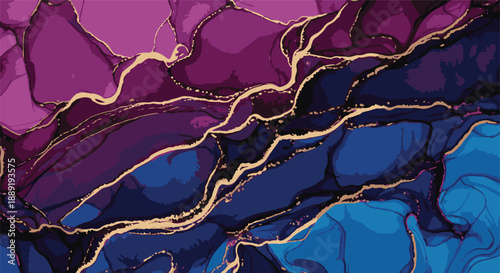 Vibrant abstract artwork featuring swirling patterns of blue and purple hues accented with gold veins in a dynamic fluid design from a close-up viewpoint