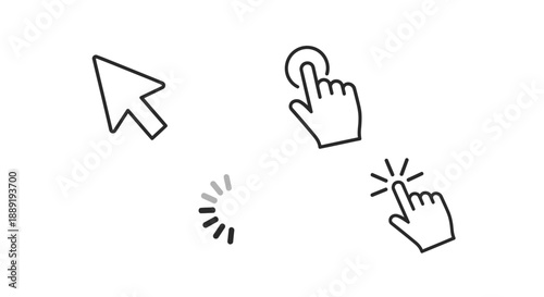 Outline Cursor Icons Set with Arrow Pointer and Hand Tapping Action on Isolated White Background