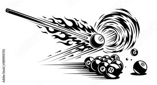 Dynamic Billiard Cue Stick Hitting Cue Ball with Fiery Energy Trail and Scattered Pool Balls on Isolated White Background
