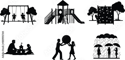 Children playground silhouettes set with swings slides climbing wall sand play and rainy day scenes, kids outdoor activities in park black vector illustration