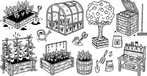 Black and white line art gardening tools plants tree compost bin greenhouse seedlings watering can organic garden setup outdoors