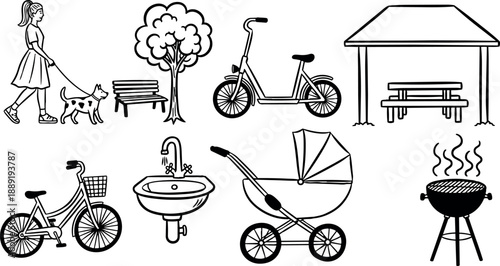 Black line art set of woman walking dog with trees bicycles fountain stroller and barbecue grill outdoor activities