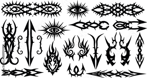 Black tribal flame tattoo designs collection with arrows eyes and abstract shapes on white background vector illustration
