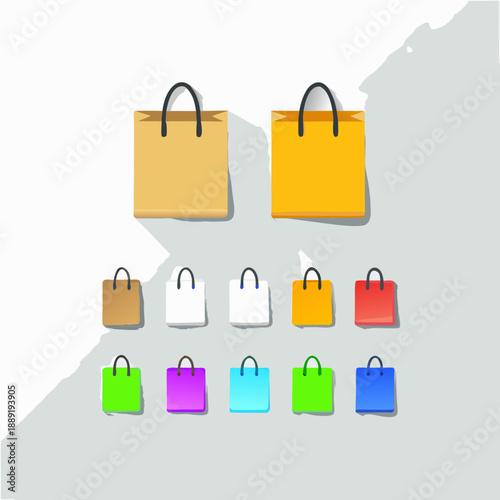 Colorful shopping bags arranged in a grid pattern on a gray background