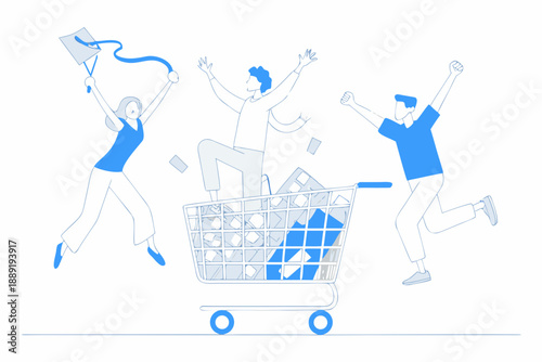 Celebrating shoppers joyfully leap with a full shopping cart