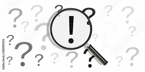 A magnifying glass focuses on an exclamation point amidst many question marks