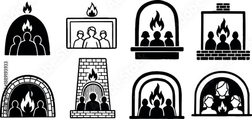 Black and white line art fireplace icons with flames various styles cozy home interior living room warmth decorative elements