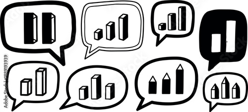 Hand drawn sketch speech bubble icons showing bar chart and pencil symbols in black ink close up comic style vector