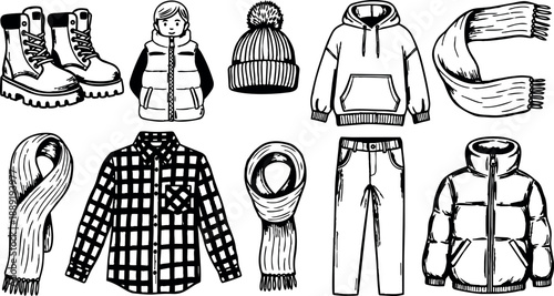 Black and white line art winter clothing set including boots jacket hat scarf hoodie pants and flannel shirt drawing
