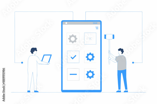 People interacting with a large smartphone displaying settings and options