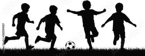 Children playing soccer silhouette set with boys running and kicking football, joyful outdoor sport activity, black vector illustration isolated on white background