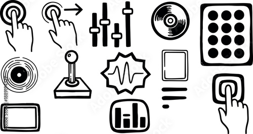 Black and white vector icons of hand gestures pressing buttons and gaming controls with digital icons and equalizer graphics