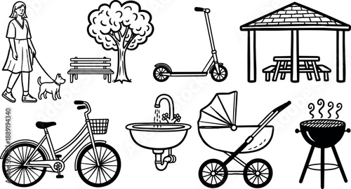 Black and white line art illustration of woman walking dog scooter bicycle baby stroller park bench tree barbecue grill fountain gazebo outdoor leisure