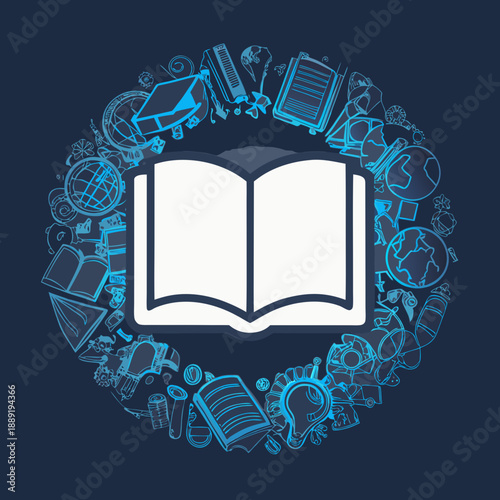 An open book surrounded by educational icons in a circular arrangement