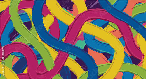 Vibrant, intertwined rubber bands in various colors, showcasing a chaotic yet harmonious pattern, captured from a top-down viewpoint, illustrating a playful and creative scene