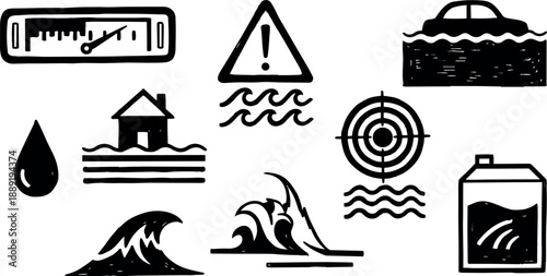 Hand drawn black ink water disaster icons including flood warning wave fire damage house water droplet and battery power symbol set