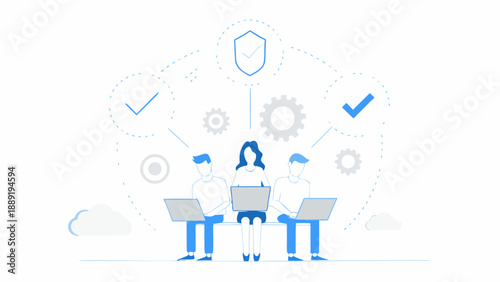 Team collaborating on laptops with security and data symbols overhead