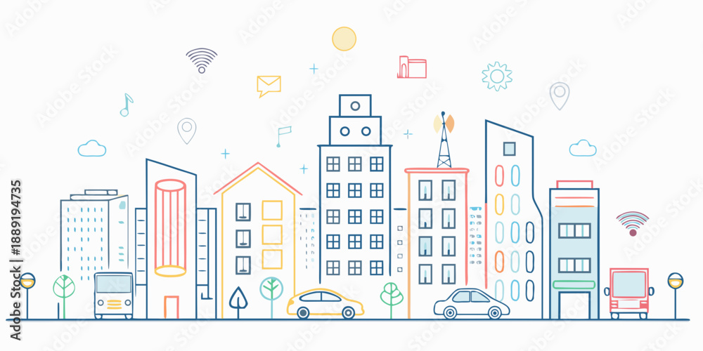 Fototapeta premium Linear illustration of a modern smart city with various connected icons