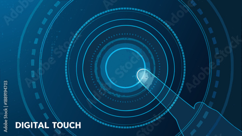 A finger touches a glowing circular digital interface with concentric rings