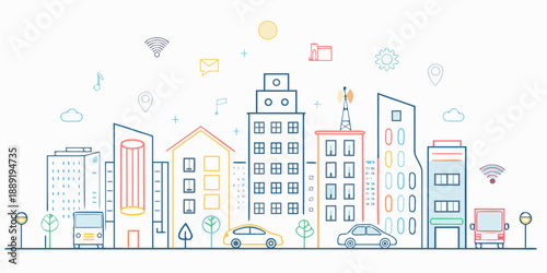 Linear illustration of a modern smart city with various connected icons
