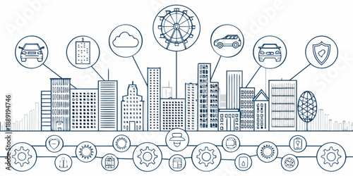 Smart city concept illustration with icons representing connected urban services