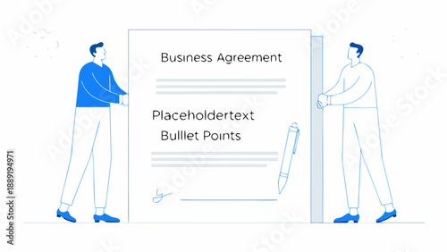 Two men reviewing a business agreement document with placeholder text