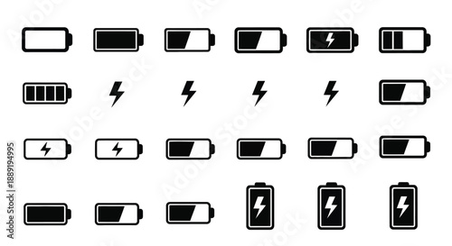 Various battery level indicators and lightning bolt charging symbols displayed