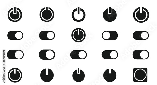 Collection of black power buttons and toggle switch icons in a grid