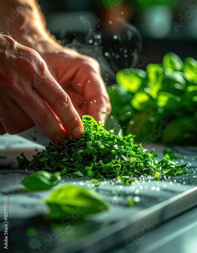 Wallpaper Mural Fresh Herbs Being Chopped For Culinary Creation On Marble Surface Close Up Torontodigital.ca