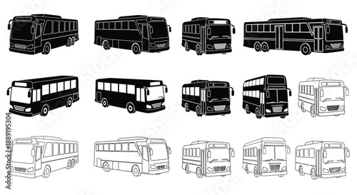 A collection of black and white bus illustrations in varying perspectives