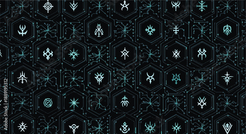 A vibrant pattern of diverse symbols and icons arranged in a grid on a dark background from a direct viewpoint.