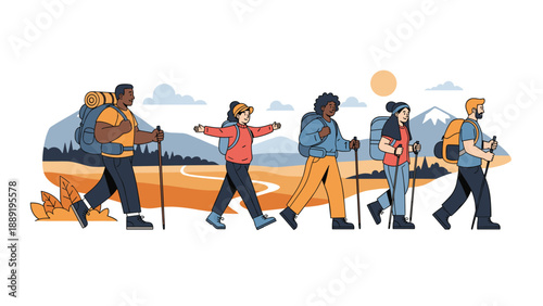 Diverse group of active hikers with backpacks and trekking poles walking together through a scenic autumn mountain landscape during a sunny day.