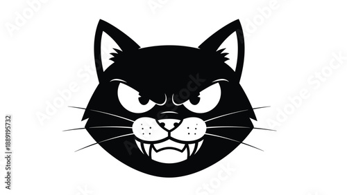 Angry black cat face with pointed ears and sharp fangs is illustrated in a bold black and white graphic style on a plain white background.