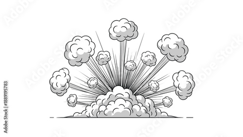 Classic comic book style explosion cloud with dynamic lines and smoke plumes is illustrated in a monochrome grayscale palette on a white backdrop.