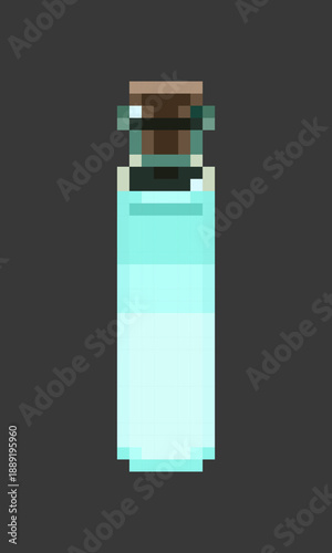 Potion bottle in pixel art style. High narrow glass test tube. Cyan blue, aqua, turquoise light blue glowing liquid with wooden stopper. Vector icon for medieval-style fantasy RPG games. Alchemistry